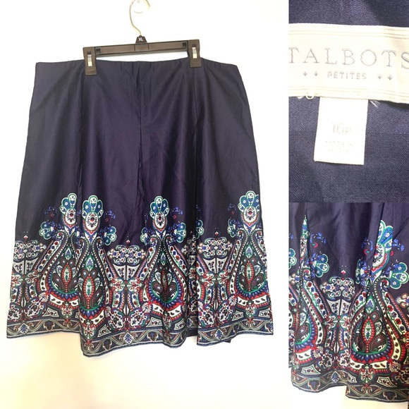 Talbots High Waist Damask Paisley Hem Pleated Aline Skirt 16 P Navy - Picture 1 of 13